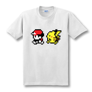 T-shirt blanc Sacha Pikachu pixel jeux vidéo Pokémon première génération