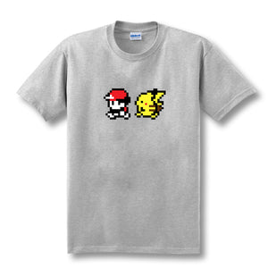 T-shirt gris Sacha Pikachu pixel jeux vidéo Pokémon première génération